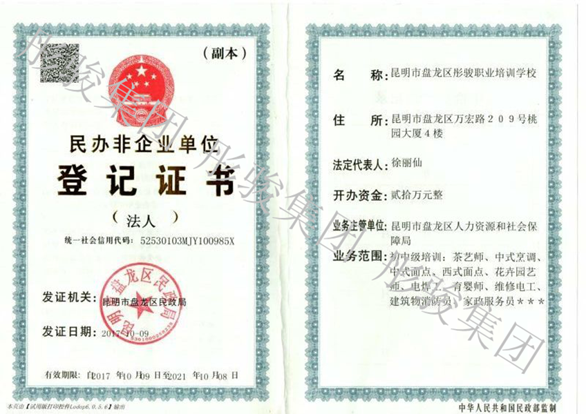 彤骏职业培训学校登记证书